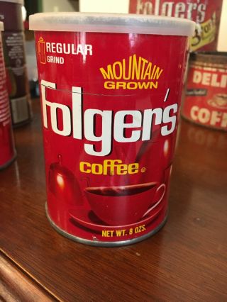 Vintage Folger ' s Mountain Grown Coffee Can w/ Lid Tin Red 8oz 2