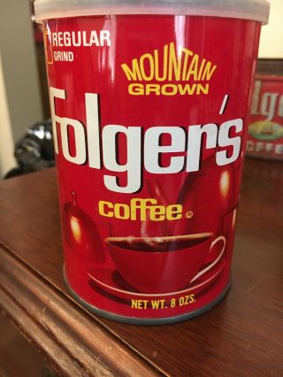 Vintage Folger ' s Mountain Grown Coffee Can w/ Lid Tin Red 8oz 6