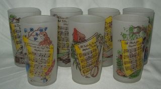 Vintage Songs Of Stephen C.  Foster 7 Frosted Tumblers 12 Ounce