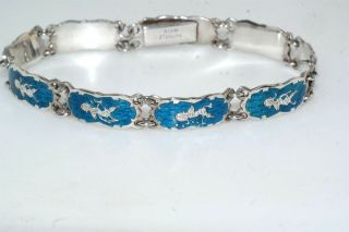 Vintage Siam Sterling Silver Blue Enamel Panel Bracelet