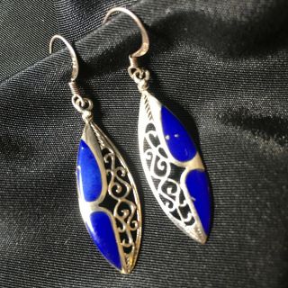 Vintage Lapis Lazuli Inlay & Sterling Silver 925 Earrings Dangle Drop Openwork