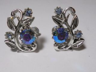 Vintage Coro Rhodium Plate Blue Aurora Borealis & Rhinestone Screwback Earrings