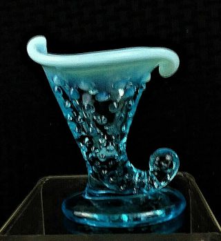 Vtg.  Fenton? Blue & Opalescent Glass Hobnail Cornucopia Bud Vase/candle Holder