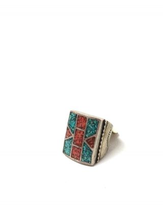 Vintage Old Pawn Native American Indian Sterling Silver Turquoise Coral Ring