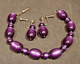 Vintage Lucite Moonstone Bracelet Matching Earrings Deep Purple 8 "