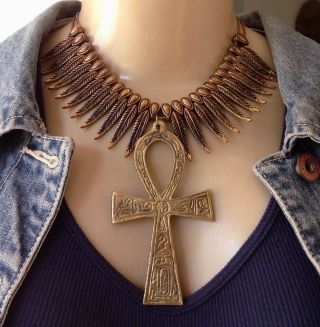 Ankh Vintage Necklace Huge Egyptian Brass Pendant Wide Feathery Collar