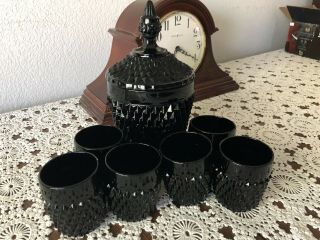 Vintage Indiana Tiara Black Diamond Point Glassware,  Ice Bucket,  Lid,  8 Tumblers