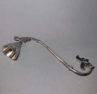 Vintage Silver Plated Hinged Bell Candle Snuffer Scroll Work Weighty Bell