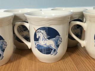 Set Of 7 Vintage 80s Unicorn Mugs Blue And White Tienshan Stoneware