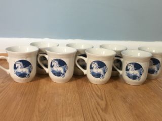 Set Of 7 Vintage 80s Unicorn Mugs Blue And White Tienshan Stoneware 2