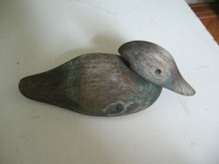 Vintage Small Hand Carved Wood Duck Decoy With Greem Remnant Paint