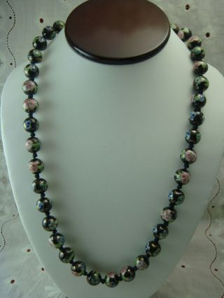 Vintage Chinese Cloisonne Black Enamel 24 1/2 " Necklace With 12mm Beads
