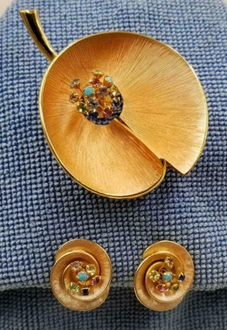 Vintage Water Lily Rhinestone Brooch With Matching Clip Earrings Dej576