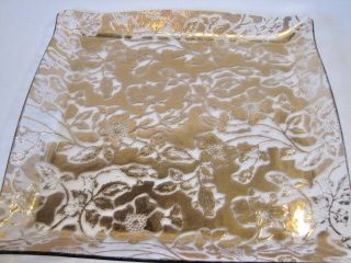 Vintage 12 " Clear Glass & Gold Floral Tray