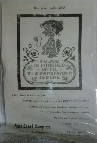 Vtg Jane Snead Sampler Stamped Linen Cross Stitch Kit 484 Paperwork Toilet Paper