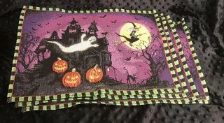 Vintage Halloween Placemats Tapestry Haunted House Ghost Witch Purple Orange Set