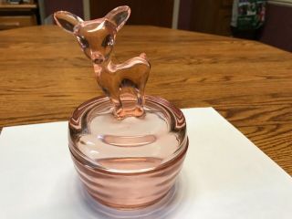 Vintage Jeanette Pink Depression Covered Glass Candy Powder Dish Deer Fawn Lid