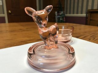 Vintage Jeanette pink DEPRESSION covered GLASS CANDY powder DISH Deer Fawn Lid 3
