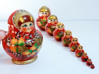 Incredible Vintage 10 Piece Wooden Russian Matryoshka Stacking Doll Set.  Signed