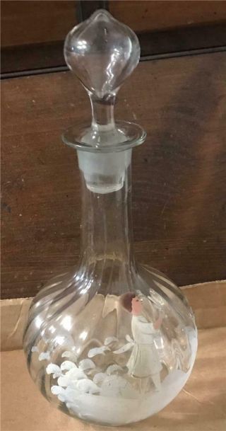 Vintage Clear Glass Painted By Mary Gregory 10 " Tall Decanter / Barber Bottle