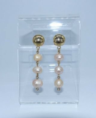 Vintage Solid Real 14k Yellow Gold 3 Pink Pearl Dangle Drop Earrings 1.  75 " Nr