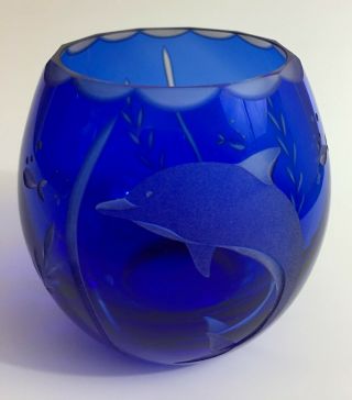 Lenox Cobalt Blue Etched Under Sea Dolphin Cut Crystal Vase Vintage