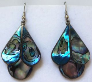 Vintage Mexico Inlaid Abalone Statement Earrings Alpaca Silver Dangles Shell