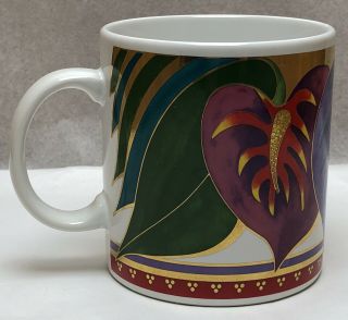 Vtg Laurel Burch Coffee Mug Anthurium Leaf Cup,  Signed,  Bold Colors Gold Accents