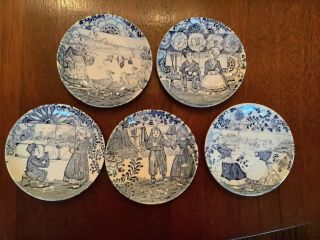 5 Vintage Coasters Small Porcelain Plates Boch Belgium Delfts Dutch Blue