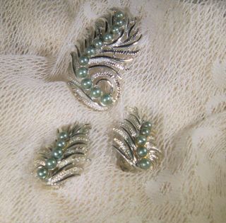 Vintage Sarah Coventry Demi Parure Pin Brooch Clip Earrings Silver Tone W Beads