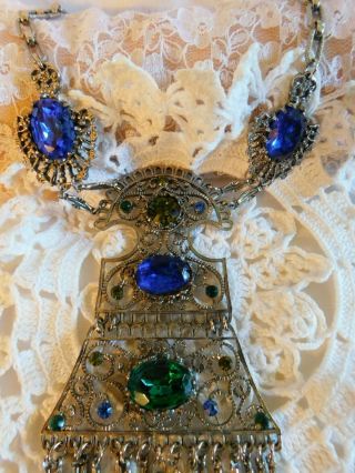 Lupe ' Vintage Runway Necklace Sapphire,  Emerald Rhinestones Dangling Silver 2