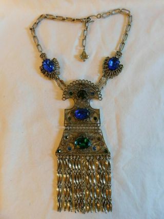 Lupe ' Vintage Runway Necklace Sapphire,  Emerald Rhinestones Dangling Silver 3