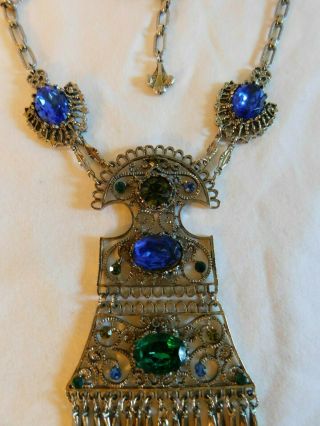 Lupe ' Vintage Runway Necklace Sapphire,  Emerald Rhinestones Dangling Silver 4
