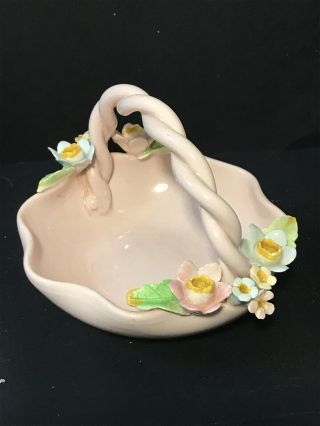 Sweet Vintage Australian Pottery Basket Vase Pink With Applied Flowers Galart ?