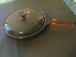 Vintage Corning Ware Visions amber 10 in Waffle Bottom.  Fry Pan W/lid USA 2