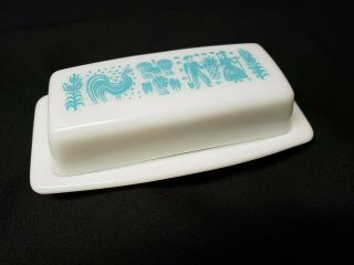 Vintage Pyrex Amish Butterprint Turquoise Butter Dish With Cover Milk Glass