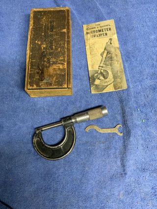 Vintage Brown And Sharpe Micrometer Caliper No.  11 0 - 1 " Wrench,  Box & Pamphlet