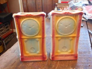 Pair / 2 Vintage Shawnee Grandfather Clock Pottery Planters Wall Pockets