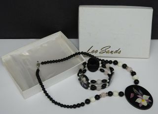 Vintage Lee Sands Flower Necklace & Bracelet Mop Inlay Jewelry Set W/ Box
