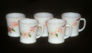 5 Vintage Fire King Gay Fad Peach Blossom Milk Glass D Handle Mugs