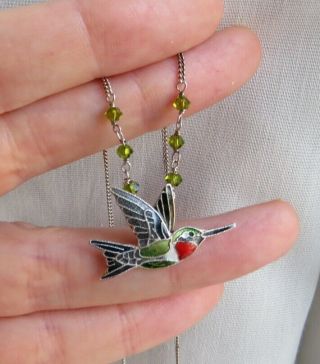 Pretty Vintage Sterling Silver Enamel Hummingbird Necklace Pendant