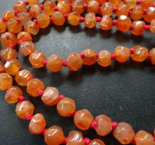 Vintage Carnelian Red Agate Facet Cut Bead Hand Knotted Necklace - A430