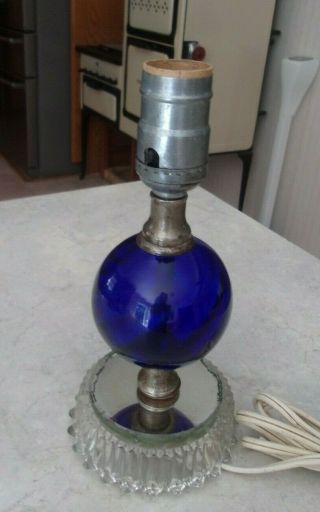 Vtg Cobalt Blue Glass Ball Internal Spiral Mirror Topped Glass Base Boudoir Lamp