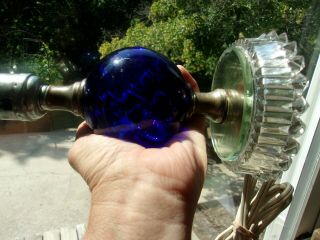 Vtg Cobalt Blue Glass Ball Internal Spiral Mirror Topped Glass Base Boudoir Lamp 4