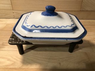 Vtg Klafrestrom Enamel Cast Iron Blue White Baking Dish & Lid Sweden