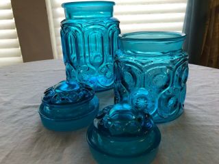 2 Vintage L.  E Smith Moon And Stars Turquoise Blue Glass Canister Jars with Lids 4