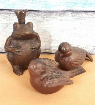 Vintage Cast Iron Crowned Prince Frog & 2 Water Fountain Birds Garden Ornaments