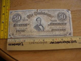 Confederate States Of America $50 Bill Feb 17,  1864 Vintage Currency