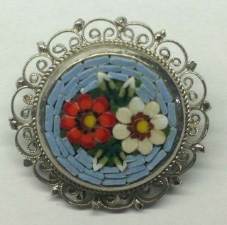 Vintage Micro Mosaic Flower Floral Brooch Pin Italy Silver Tone Filigree Frame