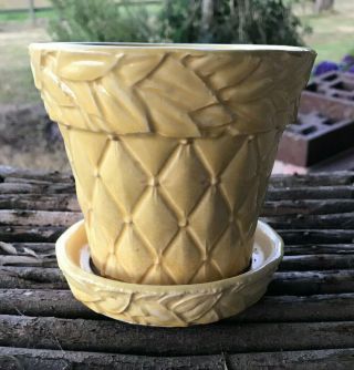 Vintage Mccoy Yellow Quilt Quilted Leaves Pattern Flower Pot Planter 4.  5 "